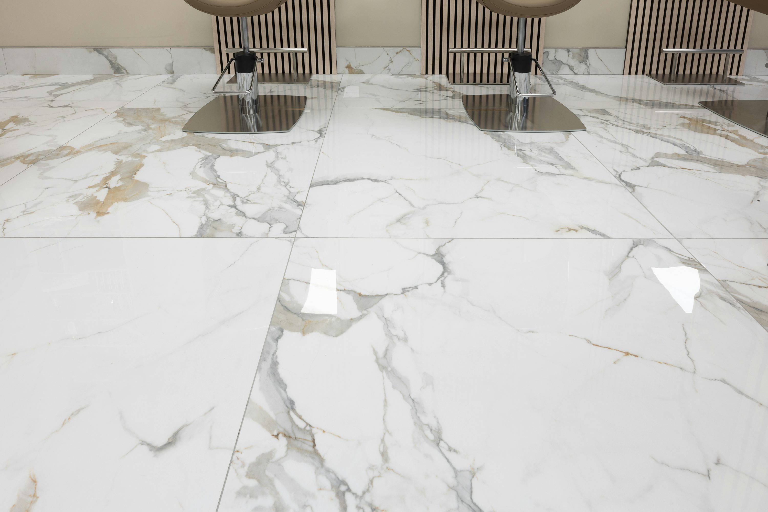 Large-format porcelain floor in commercial interior